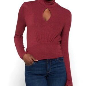 Brea Canyon Long Sleeve Keyhole Turtleneck Button Back Maroon Knit Top Size XL
